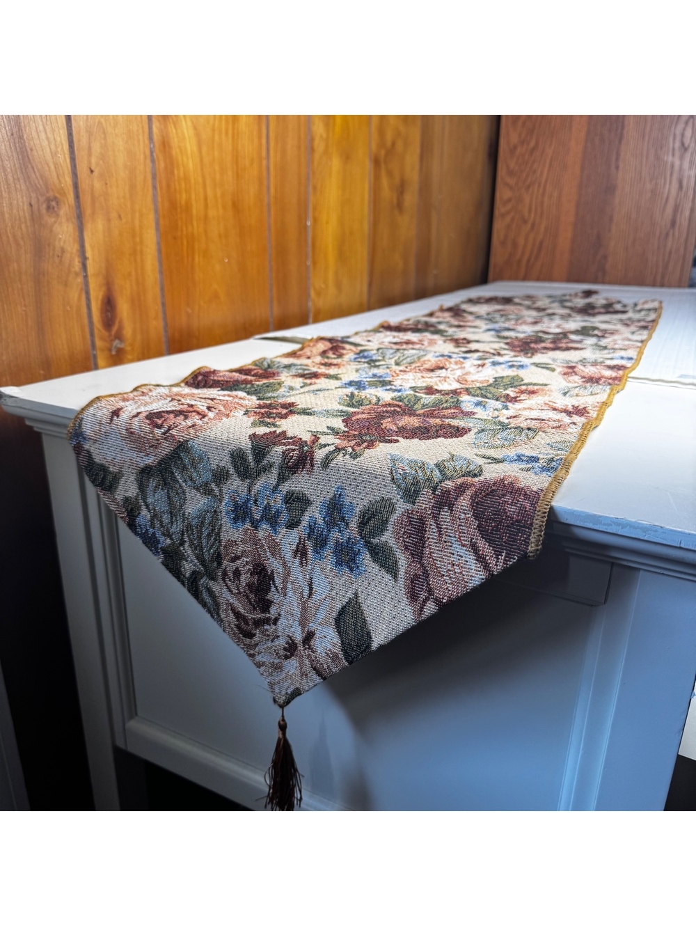 Vintage Floral Tapestry Table Runner 50 x 12.5 Rose Cottagecore Mantel Scarf - Picture 3 of 9